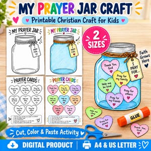 Op de afbeelding: Een printbare My Prayer Jar knutselset voor kinderen met zwart-wit en gekleurde illustraties van potten en hartvormige gebedskaarten. De set bevat instructies, een lijmstift en een schaar met de tekst My Prayer Jar en 2 Sizes.