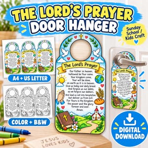 May include: A digital download for a Lord's Prayer door hanger craft featuring a colourful illustration of a church, a Bible, wheat, bread, and praying hands. The design includes the full text of the prayer and is available in colour and black and white.