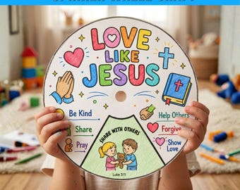 Love Like Jesus Spinner Wheel, christelijke zondagsschoolactiviteit, bijbelvers afdrukbaar voor kinderen, kinderkerkambacht, A4 US Letter