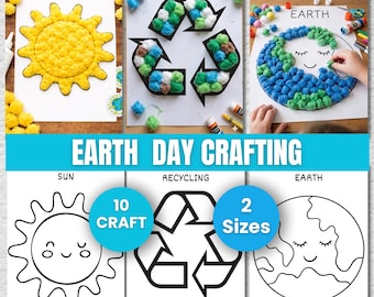 May include: Earth Day crafting projects featuring a yellow sun, recycling symbol, and Earth globe made with colorful pom-poms. The image includes the text "Earth Day Crafting", "Sun", "Recycling", and "Earth". The image also includes the text "10 Craft" and "2 Sizes".