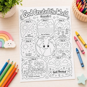 Könnte beinhalten: Eine schwarz-weiße Malvorlage mit dem Titel God Created the World Genesis 1, die sieben Abschnitte zeigt, welche die Schöpfungstage mit Strichzeichnungen von Sonne, Mond, Erde, Pflanzen, Tieren und Menschen illustrieren, umgeben von Buntstiften.