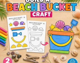 Bouw een strandemmer knutselwerk afdrukbaar, zomerstrandactiviteit voor kinderen, werkblad knippen en plakken, voorschoolse zomerknutsels, oceaanthema DIY,