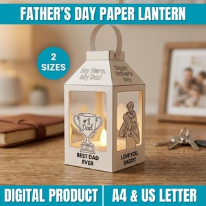 Könnte beinhalten: Eine weiße Papierlaterne mit Griff, entworfen für den Vatertag. Die Laterne hat ausgeschnittene Designs und den Text "Mein Held, mein Papa", "Alles Gute zum Vatertag", "#1 Papa" und "Bester Papa aller Zeiten".
