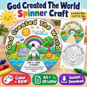 Può includere: Un lavoretto stampabile a forma di ruota God Created The World con un design circolare, illustrazioni colorate di animali, un arcobaleno e alberi. Il testo riporta God Created The World, Genesis 1:9-13, Day 3 - Land & Plants, God made dry land appear.