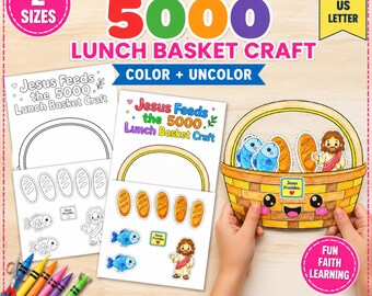 イエスが5000人に食事を与えるランチバスケット工作プリント、子供向け聖書日曜学校ぬりえアクティビティ、色を塗って色を塗らない、宗教工作、