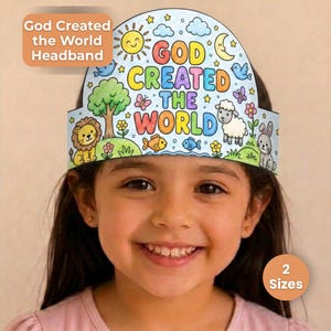 May include: A paper headband featuring the colorful text God Created The World, surrounded by illustrations of a sun, moon, clouds, a tree, a lion, a sheep, a rabbit, fish, and flowers. The design includes various bright colors on a white background.