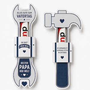 May include: Two Father's Day gift card holders shaped like a wrench and a hammer. The wrench-shaped card holder has text that reads "Alles Gute zum Vatertag", "Du bist mein Held", and "Bester Papa der Welt". The hammer-shaped card holder has text that reads "Du verwandelst schwierige Zeiten in Lektionen".