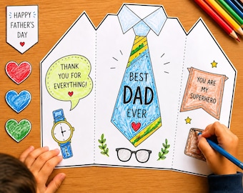 Vaderdagkaart Craft for Kids, afdrukbare Vaderdag kleurkaart, kaartsjabloon DIY Dad, voorschoolse ambachtelijke activiteit, Instant Download