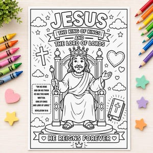 Desenho para colorir "Jesus é o meu Rei", atividade bíblica cristã para crianças, material para imprimir para a Escola Dominical, folha para colorir com a passagem bíblica "Rei dos Reis".