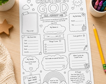 May include: A white paper activity sheet titled Created by God All About Me with black line art illustrations including a sun, clouds, hearts, a rainbow, and a cupcake. The sheet features fill-in-the-blank sections for personal details and prayers.