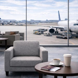 Può includere: Un salotto aeroportuale dal design moderno. Una poltrona grigia e un tavolino rotondo in legno con una tazza di caffè, un bicchiere da asporto e un passaporto sono in primo piano. Attraverso la grande finestra, un aereo è visibile sulla pista.