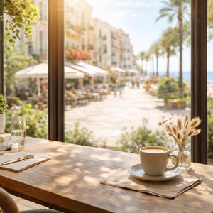 May include: A sunlit cafe scene with a wooden table featuring a cup of coffee on a saucer, a glass of water, and a pen on a notepad. The background shows a coastal promenade and the sea.