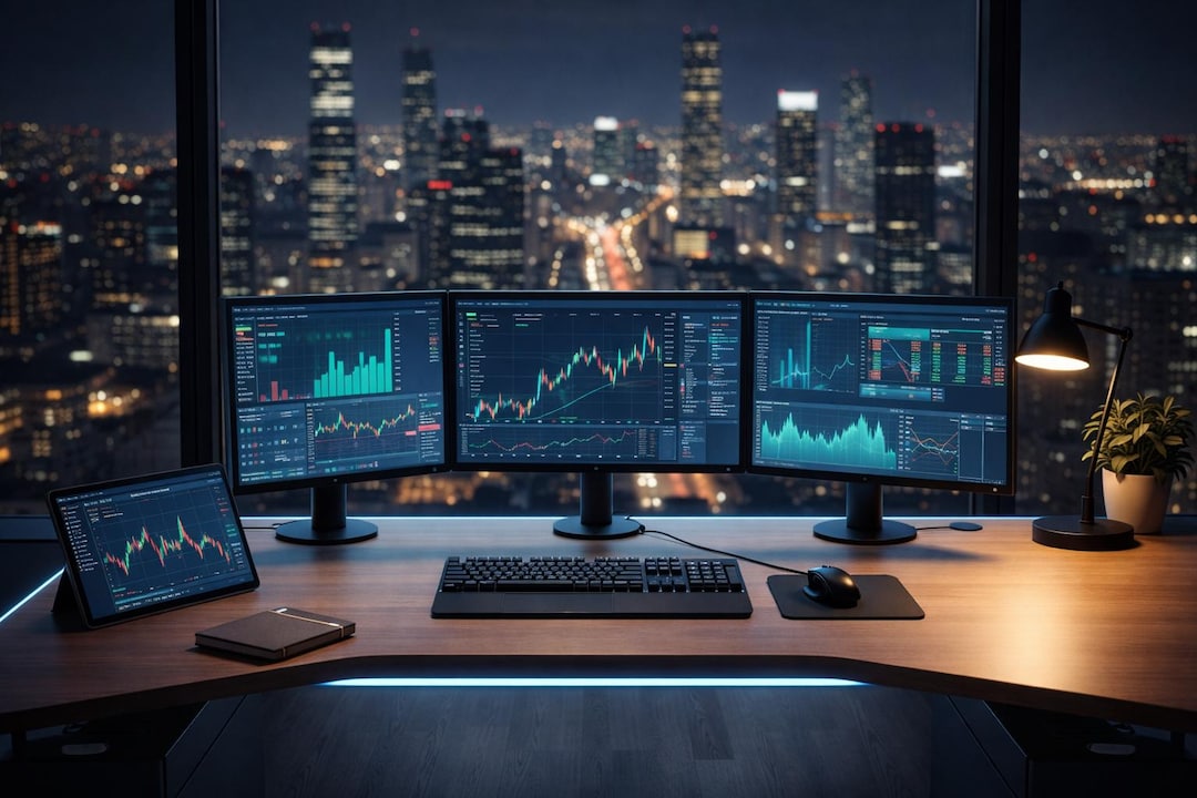 Modern Trading Desk Virtual Background – Night City Finance Setup