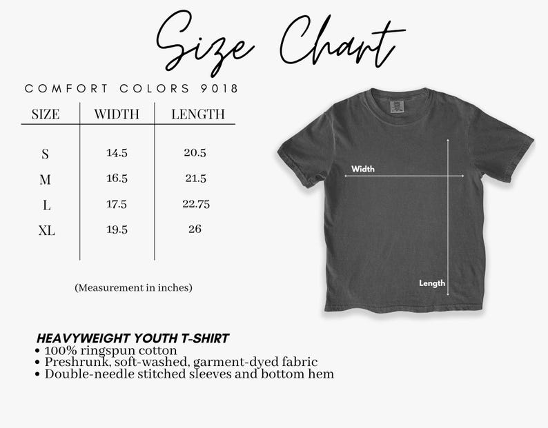 Pu&ograve; includere: Tabella delle taglie per una t-shirt da ragazzo pesante, con misure in pollici. La tabella include le taglie S, M, L e XL, con le corrispondenti misure di larghezza e lunghezza. La maglietta &egrave; realizzata in 100% cotone ringspun.