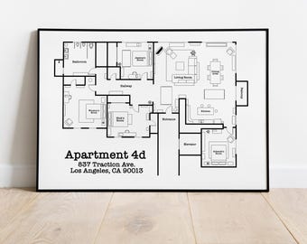 Plano de planta de New Girl / Póster de New Girl / Impresión de New Girl / Jessica Day / Nick Schmidt Winston Jess Cece / Blanco y negro / Impresión minimalista