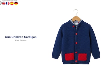 Uno Children Cardigan Knitting Pattern PDF,Garter Stitch Kids Cardigan, Button Front Sweater Pattern, Toddler Knit Jacket- Children Cardigan