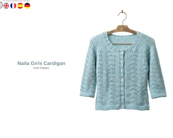 Naila Girls Cardigan Knitting Pattern PDF, Feather Fan Cardigan Pattern, Raglan Sleeve Knit Jacket, Girls Sweater Pattern- Girls Cardigan