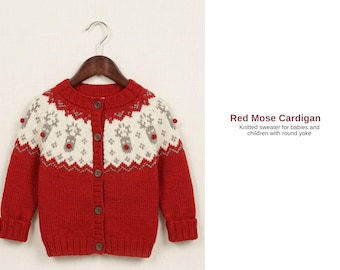 Red Mose Cardigan Knitting Pattern – Nordic Yoke Baby & Kids Sweater PDF – Top Down Knit Cardigan Pattern – Children Knitwear- Pullover Gift