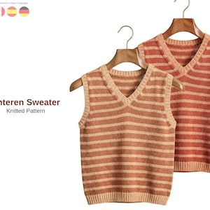 May include: Two V-neck sweater vests in shades of brown and orange hang on wooden hangers. The vests have horizontal stripes and are labeled "Enteren Sweater Knitted Pattern". The image also includes a small graphic with flags.