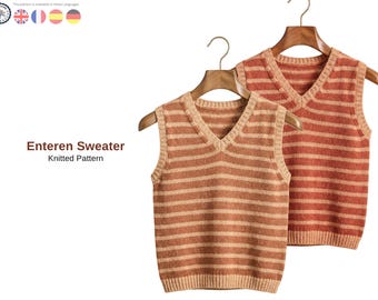 Striped Kids Sweater Vest Knitting Pattern – V Neck Tank Top – Child Sizes 6 8 10 – Classic Knit Vest PDF- Vest Sweater for Boys and Girls