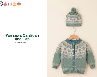 Nordic Kids Cardigan and Hat Knitting Pattern – Round Yoke Sweater PDF – Children Fair Isle Set – Winter Knit Outfit- Baby Cardigan Gift
