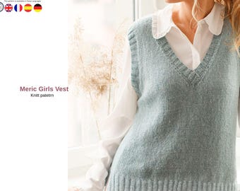Meric meisjesvest breipatroon pdf, slip-overpatroon met V-hals, oversized gebreid vest, mouwloos truipatroon dames - meisjestruivest