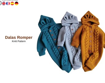 Patrón de tejido para pelele de bebé Dalas – Pelele con capucha y trenzas – Conjunto de bebé tejido degradado en PDF – Patrón de traje de bebé de 0 a 6 meses – Regalo para baby shower