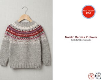 Nordic Kids Sweater Knitting Pattern – Fair Isle Yoke Pullover PDF – Children Sizes 2–12 Years – Winter Knit Jumper Pattern- Pullover Gift
