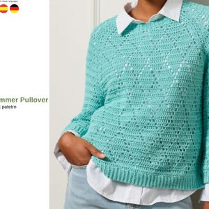 May include: A turquoise crochet pullover with a crew neck and three-quarter sleeves. The sweater is worn over a white collared shirt. The text "Sedny Summer Pullover" and "Crochet pattern" are visible on the left side of the image.
