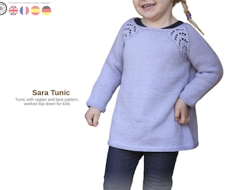 Kids Tunic Knitting Pattern – Raglan Lace Top Down Sweater –Girls Knit Dress Pattern 2–12 Years – PDF Digital Download- Tunic for Bbay Girls
