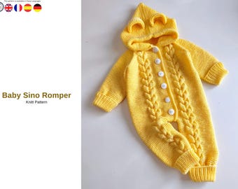 Baby Sino Romper Knitting Pattern PDF, Hooded Cable Baby Romper, Ombre Knit Jumpsuit, Seamless Baby Outfit Pattern- Baby Cable Romper  Gift