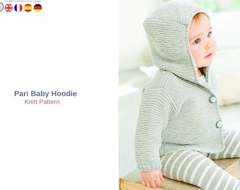 Wzór na bluzę z kapturem Pari Baby w formacie PDF, wzór na kardigan z kapturem dla niemowląt, sweterek dla niemowląt ściegiem francuskim, dla noworodków do 4 lat, natychmiastowe pobranie