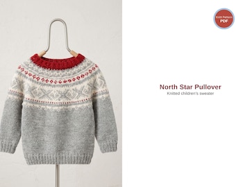 North Star Pullover Knitting Pattern – Kids Nordic Sweater PDF – Top Down Yoke Knit – Children Winter Jumper Pattern- Nordic Cardigan Gift