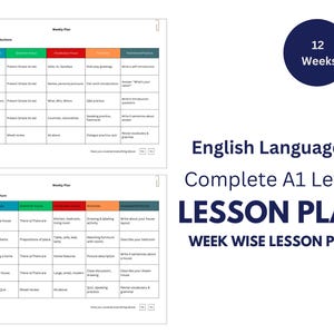 Pode incluir: Um plano de aulas de inglês para alunos do nível A1, estruturado semanalmente. A imagem mostra um plano detalhado com tópicos, gramática, vocabulário, atividades e tarefas. O plano é projetado para 12 semanas.