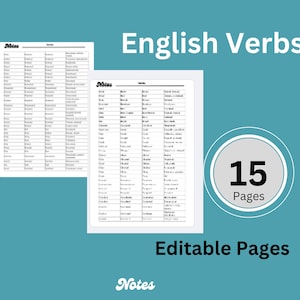 May include: Two white pages with lists of English verbs, with the title "English Verbs" in white text. A circular graphic displays "15 Pages". The words "Editable Pages" and "Notes" are also visible.