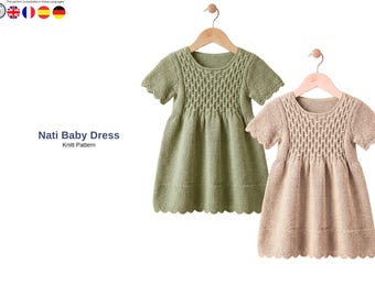Nati Baby Dress Knitting Pattern PDF – Baby Girl Dress – Classic Moss Stitch Dress – Baby Shower Gift – Knit Baby Outfit- Dress for Girls