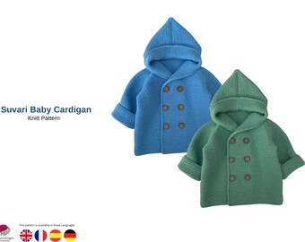 Patrón de punto para cárdigan de bebé Suvari en PDF – Suéter de bebé con capucha – Chaqueta de bebé en punto bobo – Patrón de cárdigan de punto para bebé – Cárdigan de bebé