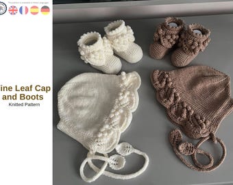 Patrón de tejido para conjunto de bebé con diseño de hojas de vid: gorro y patucos, gorro con borde de hojas, patrón en PDF para regalo de recién nacido, gorro y patucos para bebé.