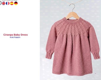 Molde de tricô para vestido infantil Ciranpa em PDF, molde para vestido com pala trançada para meninas, vestido infantil de tricô, vestido de manga comprida, download instantâneo - Vestido infantil