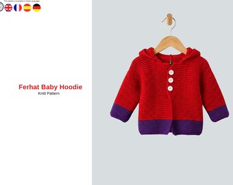 Ferhat Baby Hoodie Knitting Pattern PDF, Baby Hooded Cardigan Pattern, Garter Stitch Baby Sweater, Seamless Baby Knit- Baby Hoodie Gift