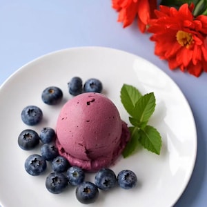 May include: A single scoop of deep purple berry ice cream served on a white plate, surrounded by a cluster of fresh blueberries and a small sprig of green mint leaves, with two vibrant red flowers positioned near the edge of the plate.