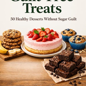 May include: A cookbook cover titled Guilt-Free Treats 50 Healthy Desserts Without Sugar Guilt by PurewellHub. It displays a stack of chocolate chip cookies, a strawberry cake, blueberry muffins, and chocolate brownies on a wooden surface.