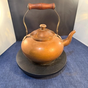 Vintage Old Dutch International (Portugal)  Copper Farm Tea Pot Kettle with Patina Wooden Handle