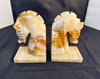 Vintage 1950's 2 Hand Carved Banded Onyx Marble Horse Head Bookends MCM