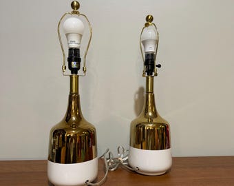Pair of Mid Century Modern Table or Entry lamps White and Gold Finish