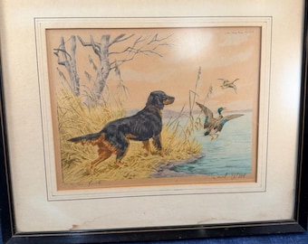 Vintage Framed Etching "En Pointe" Dog Hunting Ducks Signed Paul Wood 1930's
