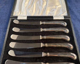 Vintage Set (6) Lodge Pistol Grip Butter Knives Sheffield England Stainless Steel Silver Plate