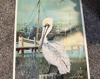 Litografia vintage de um Belican marrom, assinada pelo falecido Joseph LaPierre.