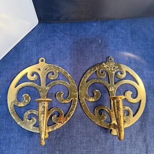 Virginia Metal Crafters Pair Round Solid Brass Wall Sconces with Scrolls