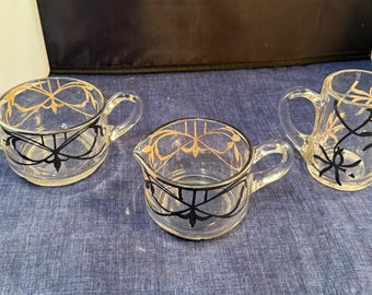 MCM-glas met handgeschilderde sterlingzilveren overlay suiker- en creamerset groot/klein creamer